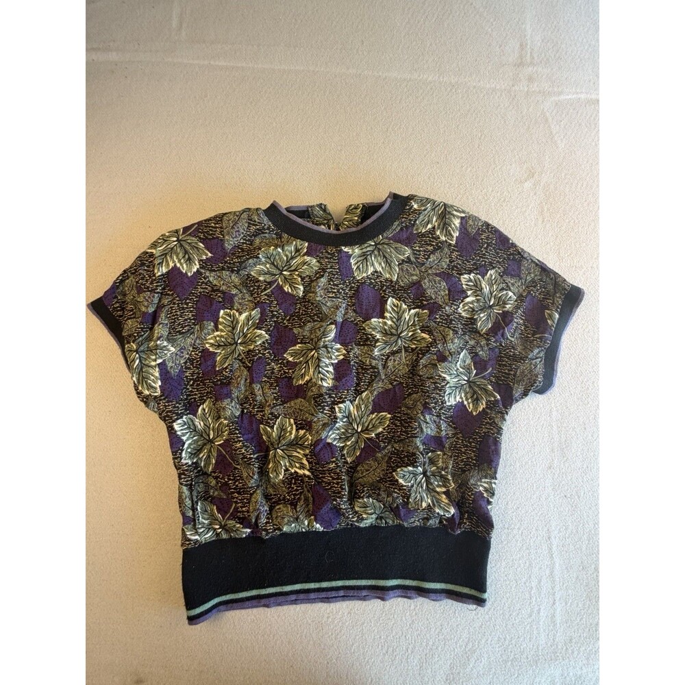 Frejawi Vintage Floral Knit Top Crew Neck Short Sleeve Rayon Women's 12